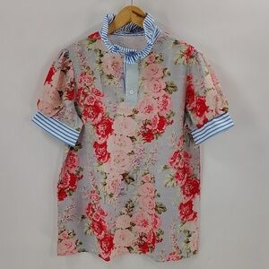Floral Shirt Sleeve Blouse Size Large Mix Material Stripe Collar And Sleeve